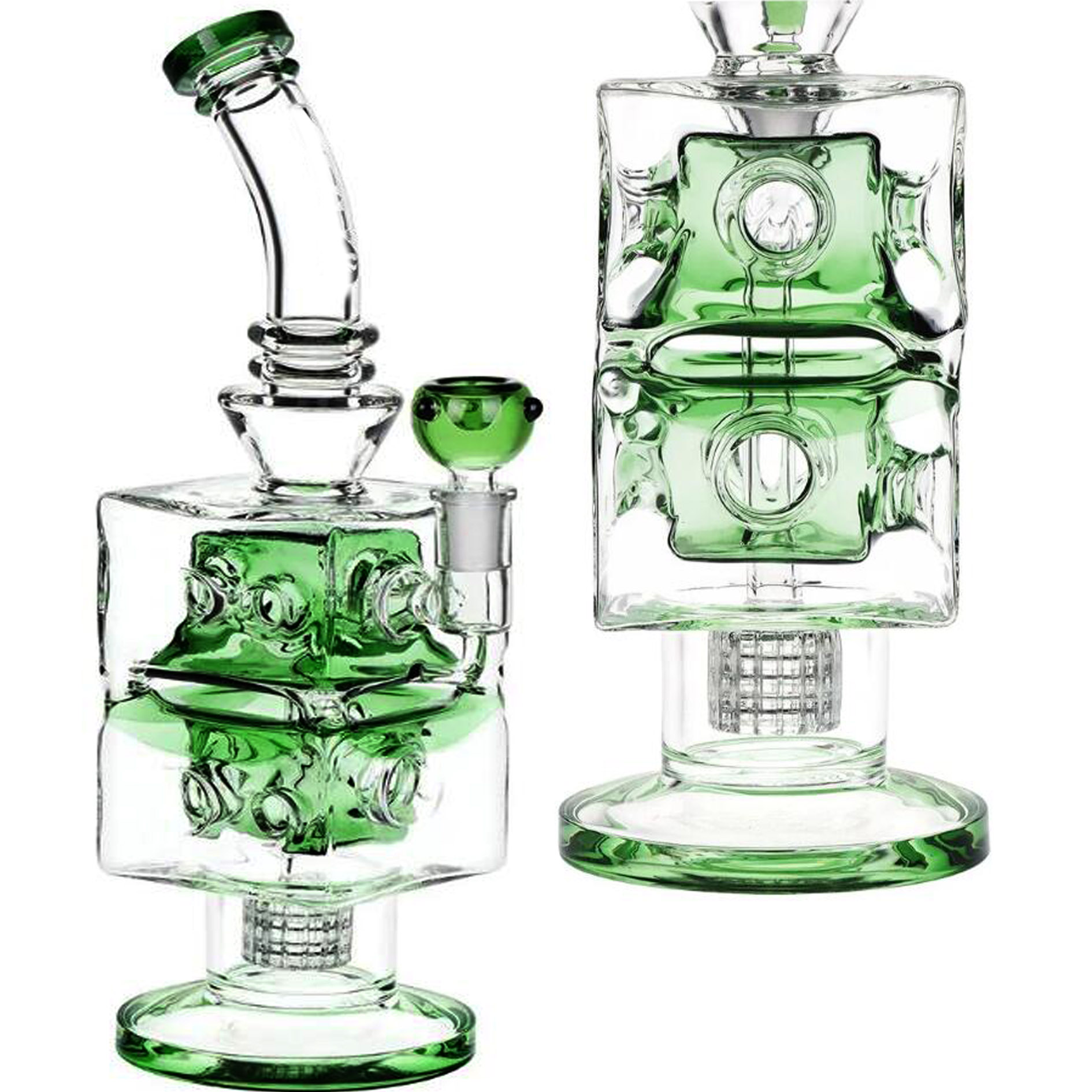 Double Swiss Perc Blocks Glass Water Pipe Hookahs Bong Recycler Bubbler Green Glass Water Bongs With 14mm Joint
