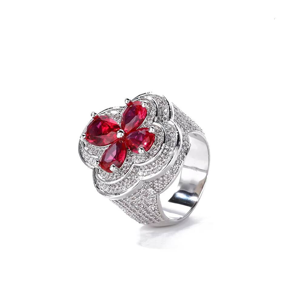 NUOAY Hiphop Jewelry White Gold Plated Four Leaf Diamond Ring Womens Trendy Bling Green Red Gemstone Flower Shape Iced Out Ring