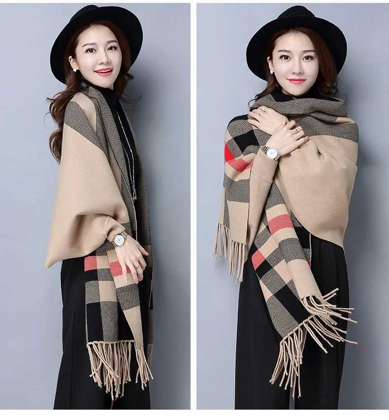 4 Colors Lady Knitted Cardigans Long Batwing Sleeve Thick Poncho Autumn Winter Shawl Striped Wrap Women Open Stitch Tassel Cloak J251118