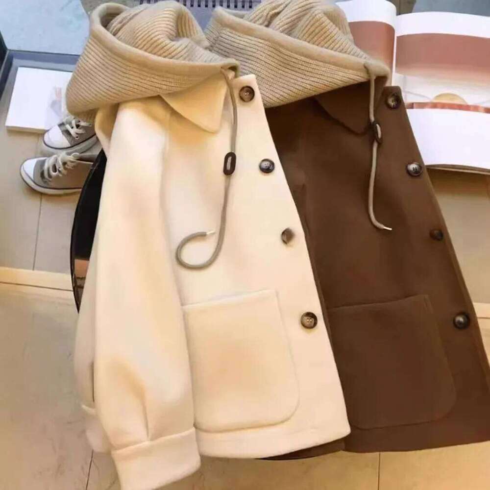 Women's Knitted Woolen Vintage Loose Fit Hat Design Thick Korean Style Autumn Winter Outerwear Fashionable Casual Coat