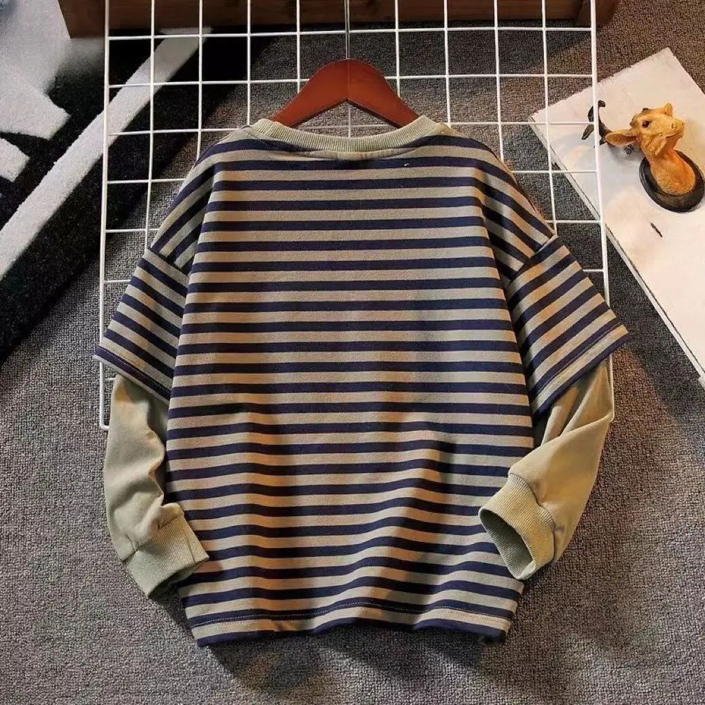 Kids Hoodies Spring 2025 Striped Patchwork Fashion Korean Casual Baggy Simple Style 251021