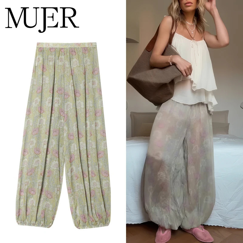 MUJER 2025 Floral Baggy Pants Woman Bloomer Pleated Pants for Women Semi Sheer Loose Pants Woman Mid Waist Summer Woman Trousers 251022