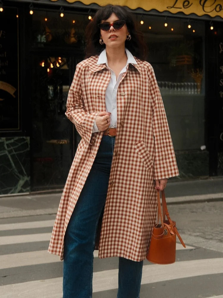 Women Red Plaid Long Trench Coat Casual Lapel Single Breasted Full Sleeve Windbreaker Jacket Autumn Lady Streetwear 251021