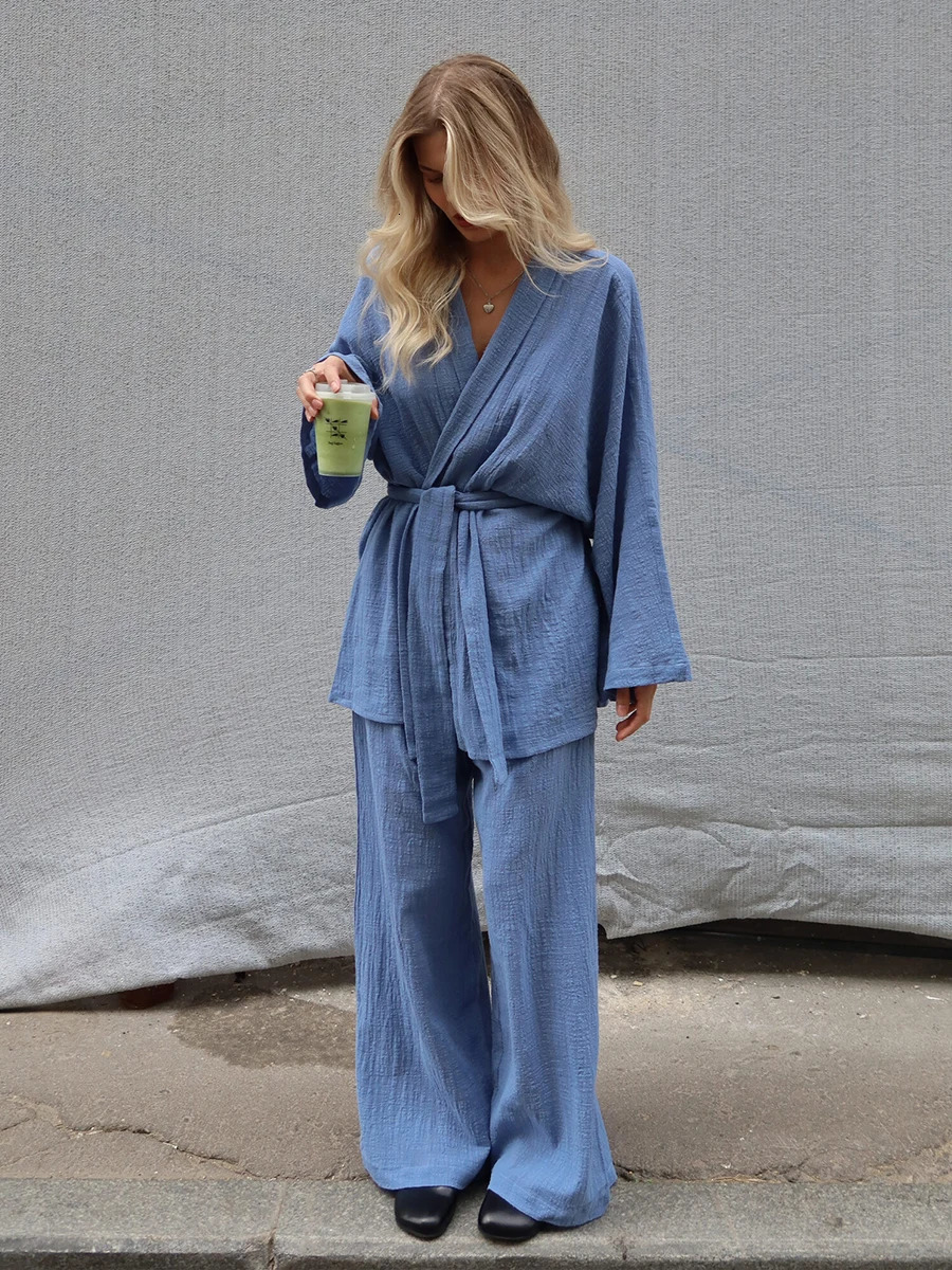 Blubelle 2025 Autumn 100 Cotton Womens Blue Lace Up Long Sleeve Pajama Set Loose Pants 2 Piece Leisure Homewear 251022