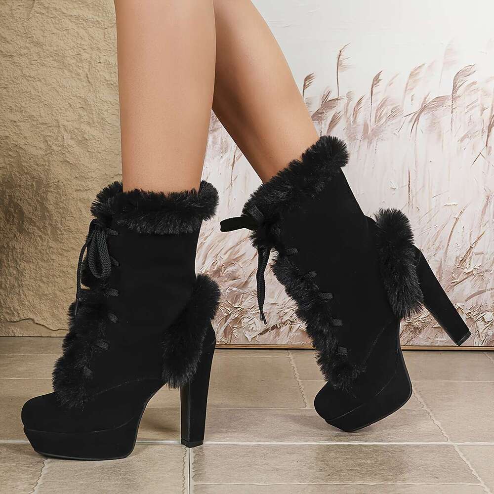 Women's With Thick Heels Chunky Round-Toe Warm Fau -Like Collar, Round-Heel Booties Wide Width Vailable For Ice & Snow - European-Inspired Cold-W