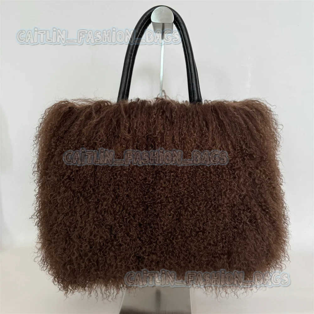 Natural FurEver Mongolian Furry Fur Tote Bags For Women Handbags With Shoulder Fur Straps H251022