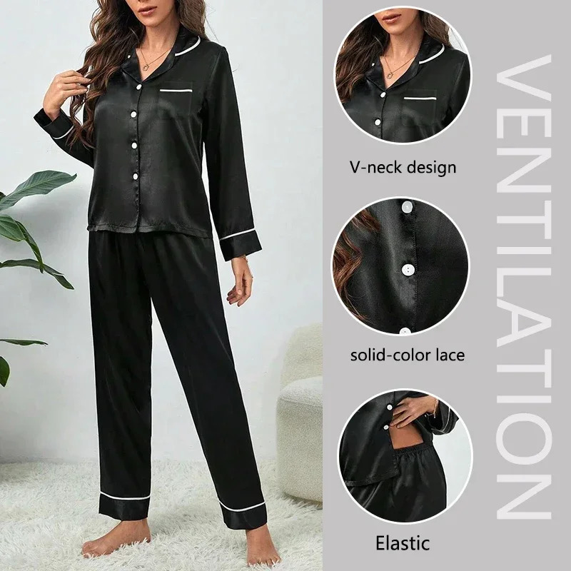 Spring Autumn Silk Pajamas Set for Women Casual Soft Nightwear Tops and Pants Solid Buttons Cardigan Sleepwear Homewear 251022