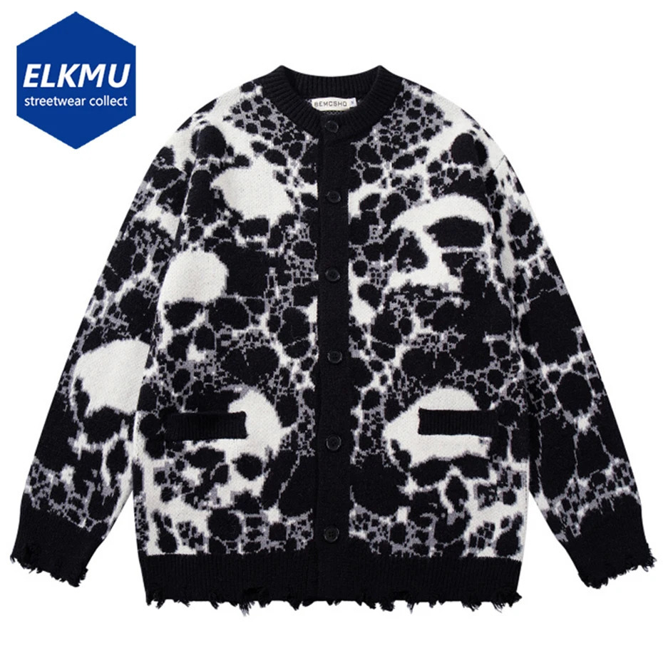 Gothic Punk Skulls Graphic Sweaters Men Streetwear Harajuku Hip Hop Oversized Sweaters Knit Cardigan Loose Y2K Sweaters Knitwear 251020