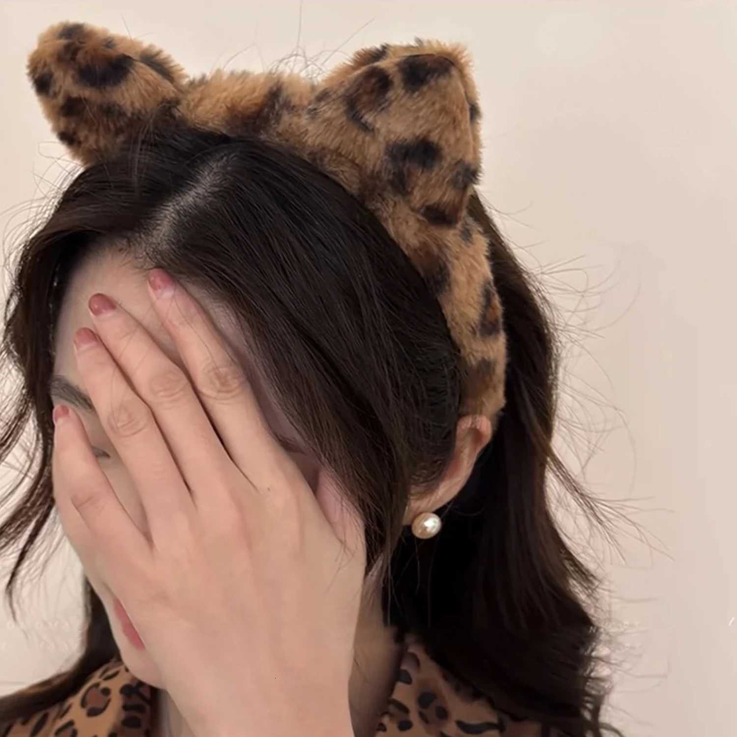 Plush Cat Ears Headband Vintage Leopard Print Hair Hoops Cute Festival Accessories Fashion By Clips Ribbon for Hair Hoop V251022