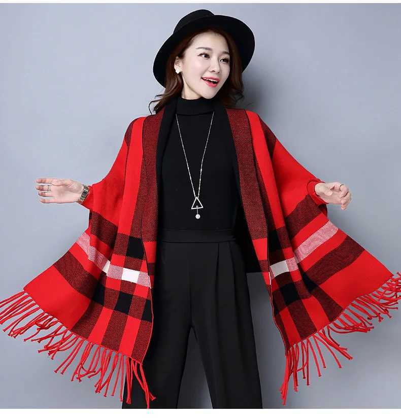 4 Colors Lady Knitted Cardigans Long Batwing Sleeve Thick Poncho Autumn Winter Shawl Striped Wrap Women Open Stitch Tassel Cloak J251118