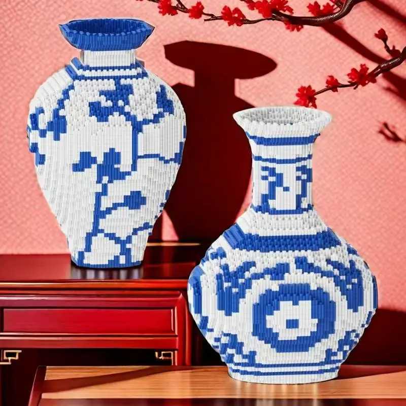 New Chinese Style Blue and White Porcelain Vase Pattern 3D Bear Model Building Block Small Particle Assembly Kids Puzzle Toy J251022