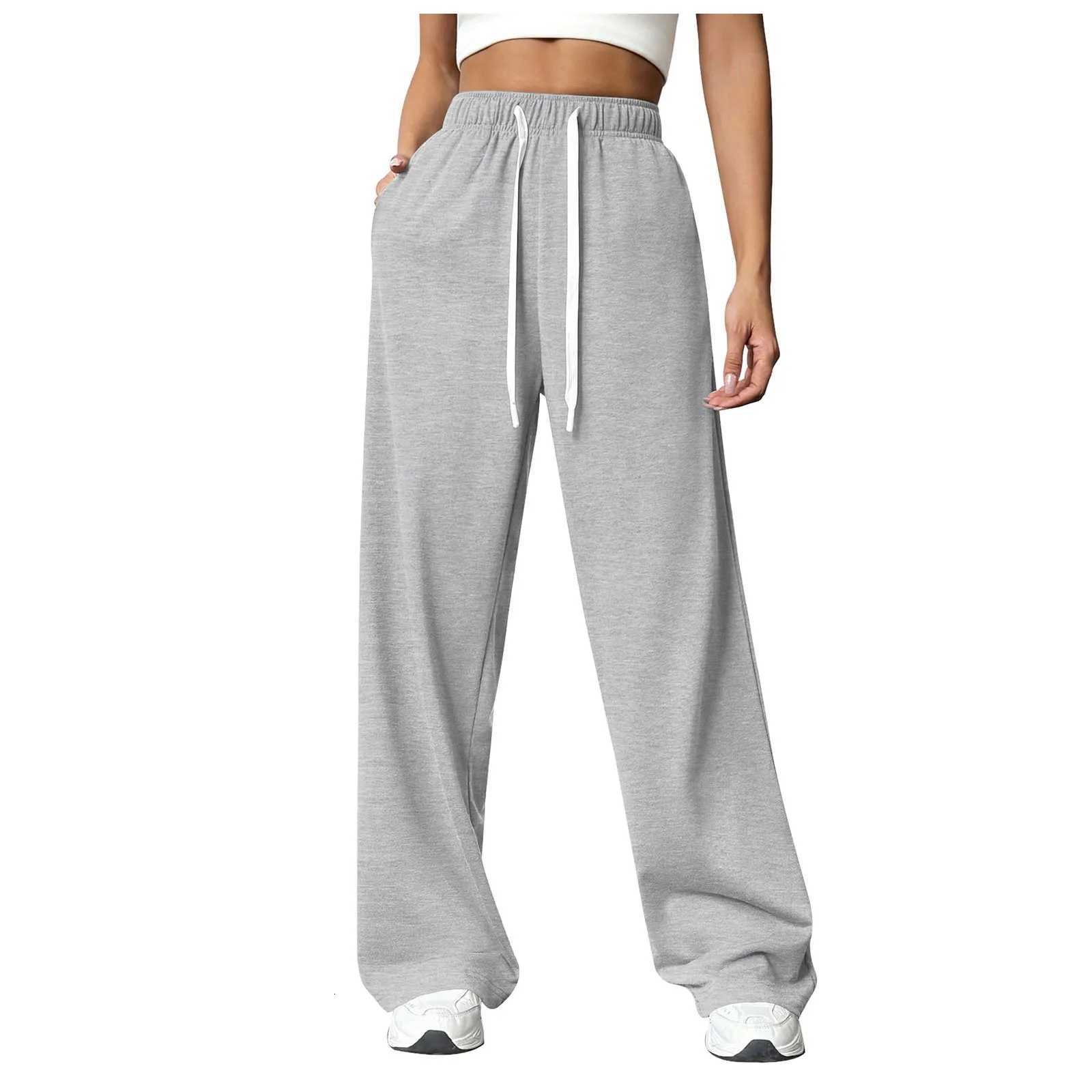 Women New Elastic Waist Pants with Side Pockets Fleece Lined Thick Wide Leg Sweatpants Pure Color Straight CutT251022