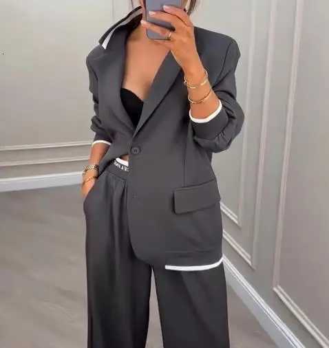 Two Piece Set Women Outfit 2025 Spring Autumn New Grey Commuting Notched Collar Long Sleeve Blazer High Waist Pants SetT251022