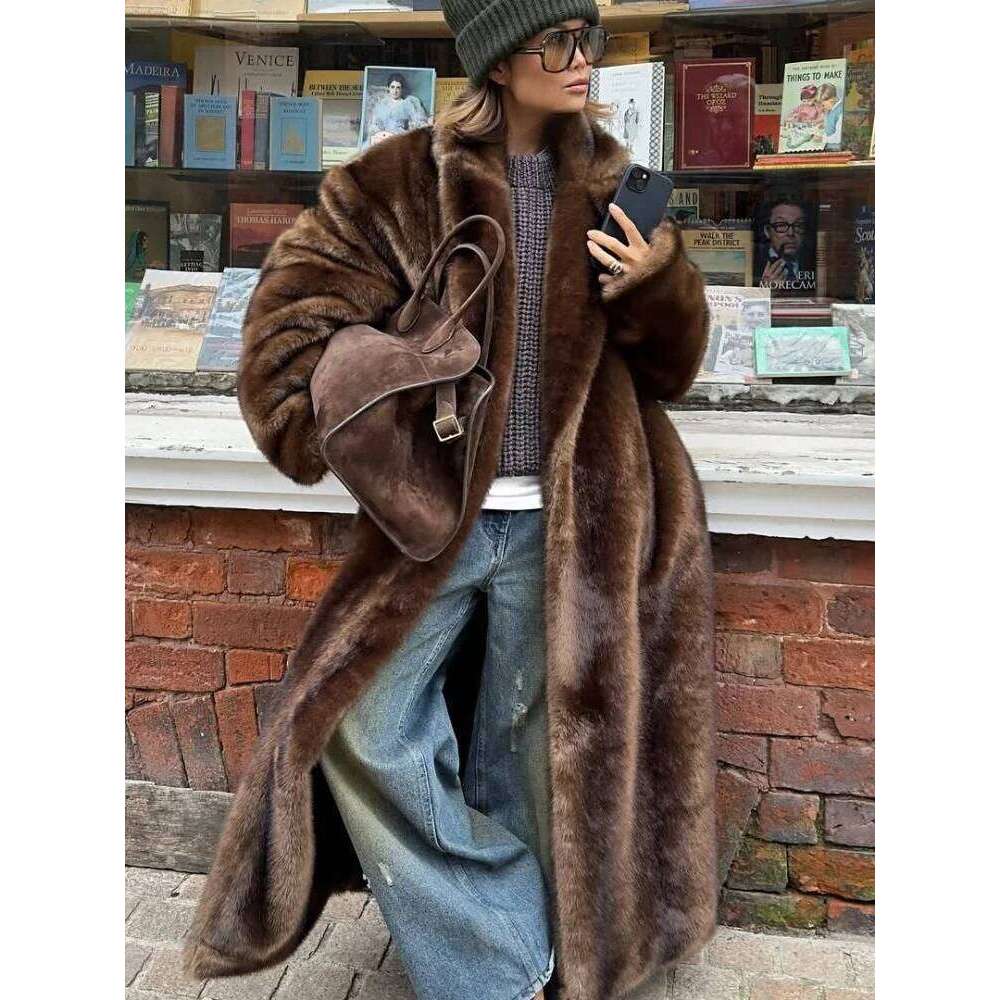 Fashion Mixed Color Lapel Faux Fur Overcoat Woman Elegant Full Sleeve Loose Long Coat 2025 Winter Lady High Street Jacket