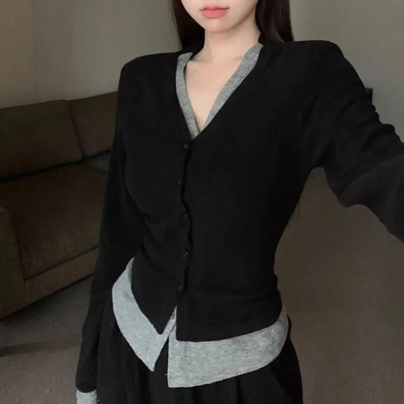 Womens Clothing Fashion Allmatch Two Pieces Tshirt Spring Solid Patchwork Long Sleeve Tops Office Lady Knit Tunic 251020