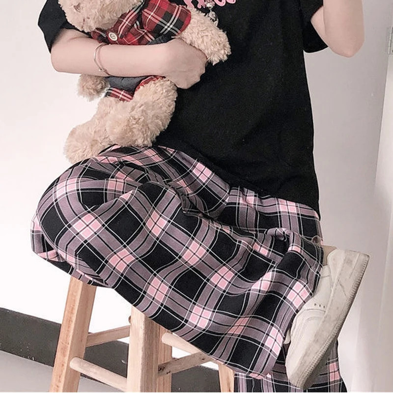Black and Pink Plaid Pants Oversize Women Pants High Waist Loose Wide Leg Trousers Ins Retro Teens Straight Trousers Streetwear 251016