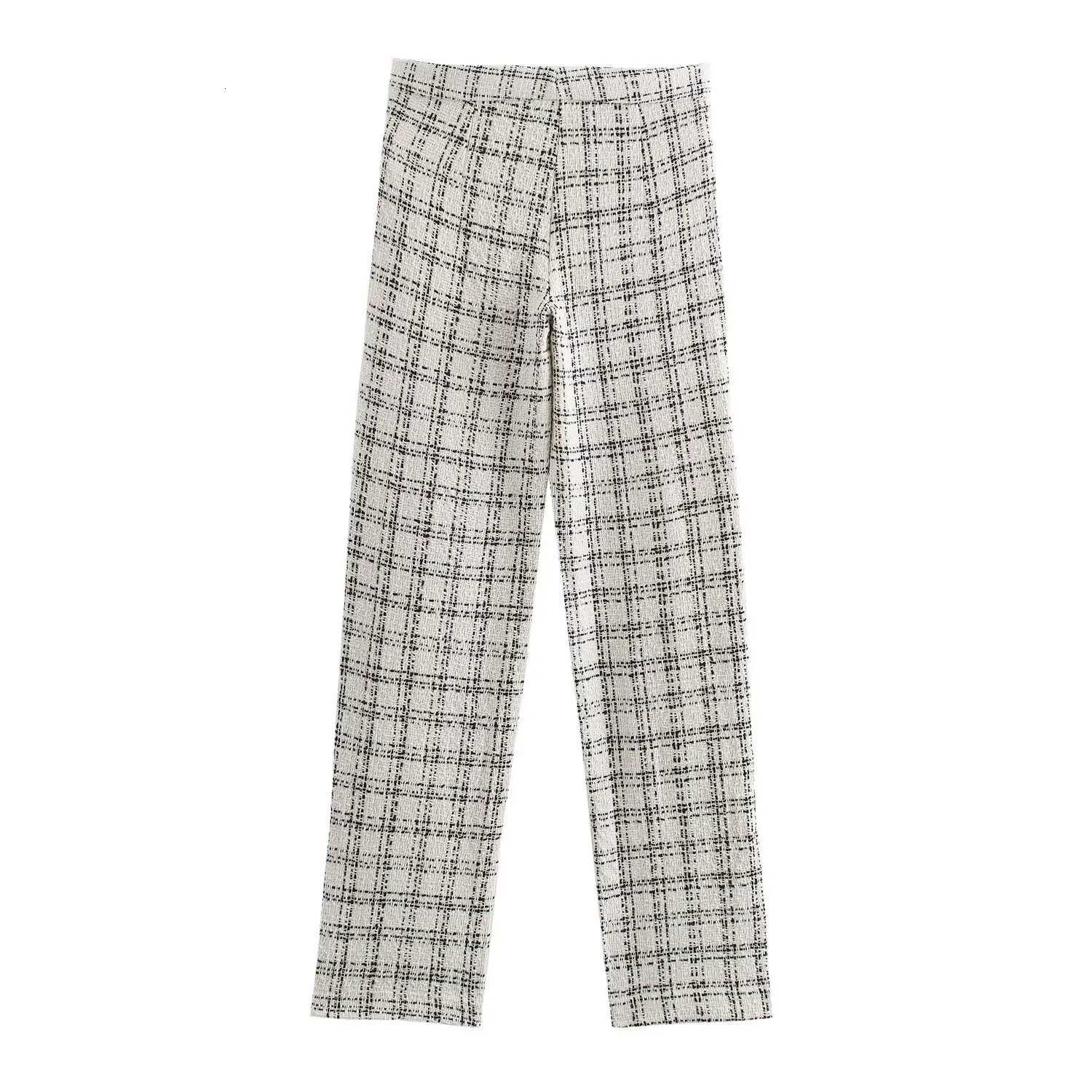 2025 New Womens Clothing European and American Style Fashionable Versatile Plaid Textured Casual PantsT251022