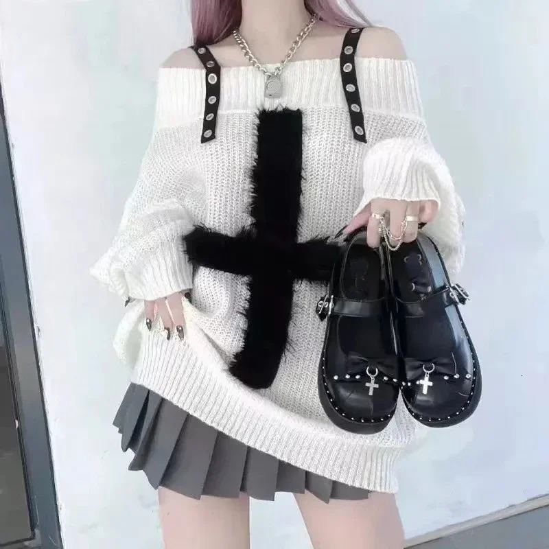Off Shoulder Belted Thin Cross Fur Patchwork Sweater Casual Kpop Harajuku Punk Knitwear Women Autumn Loose Gothic Y2k Pullovers 251016