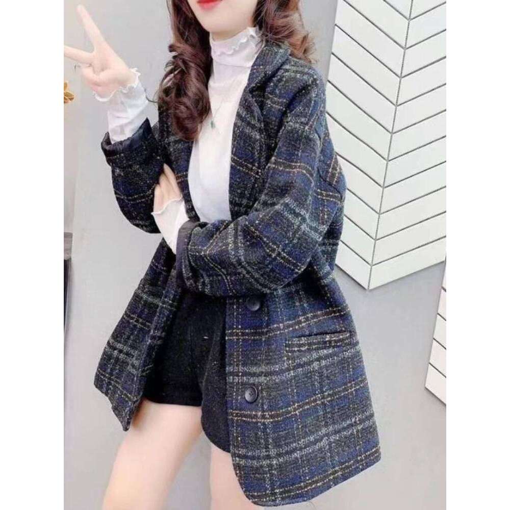 Tweed Blends Women Elegant Fashion Korean Autumn Winter Coat Streetwear Casual Slouchy Plaid Aesthetic Clothing Outwear Womens