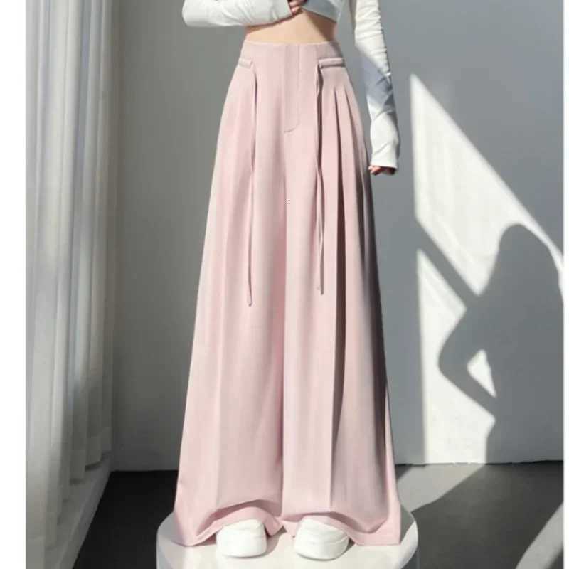 2025 New Spring Summer Laceup Loose Womens Wide Leg Full Length Pants High Waist Solid Female Elegant Straight Casual TrousersT251022