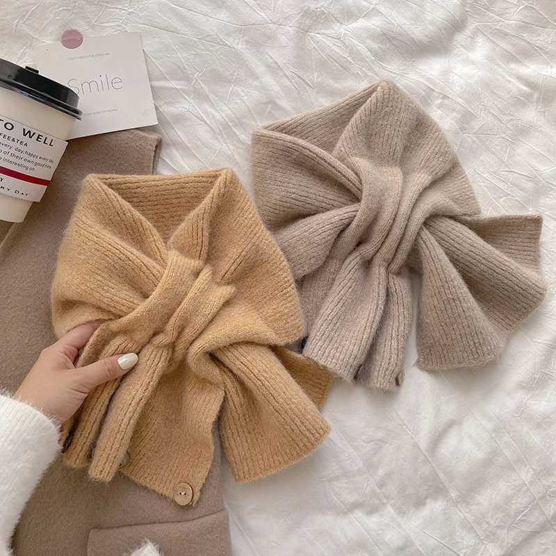 Autumn and Winter Cross Knitted Scarf Short Womens Scarf Korean Edition Color blocked Scarf Winter Warm Button Neck Cover J251022