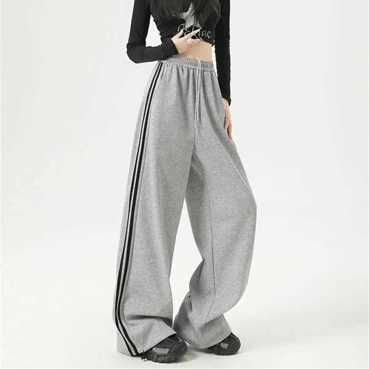 Women Stripe Chic Straight Pant Autumn Spring Retro Sports Sweatpants High Waist Color Blocked Trouseres Lady Casual StreetwearT251022