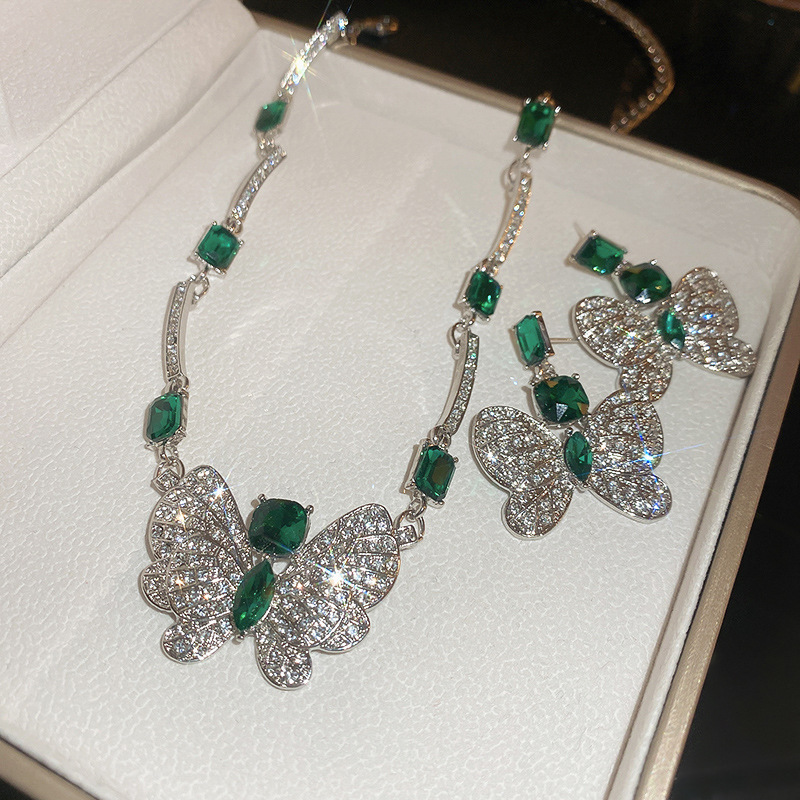 Silver Needle Inlaid Diamond Butterfly Green Square Earrings Necklace Set Exaggerated Collarbone Chain Light Luxury High-end Jewelry for Women - view 9