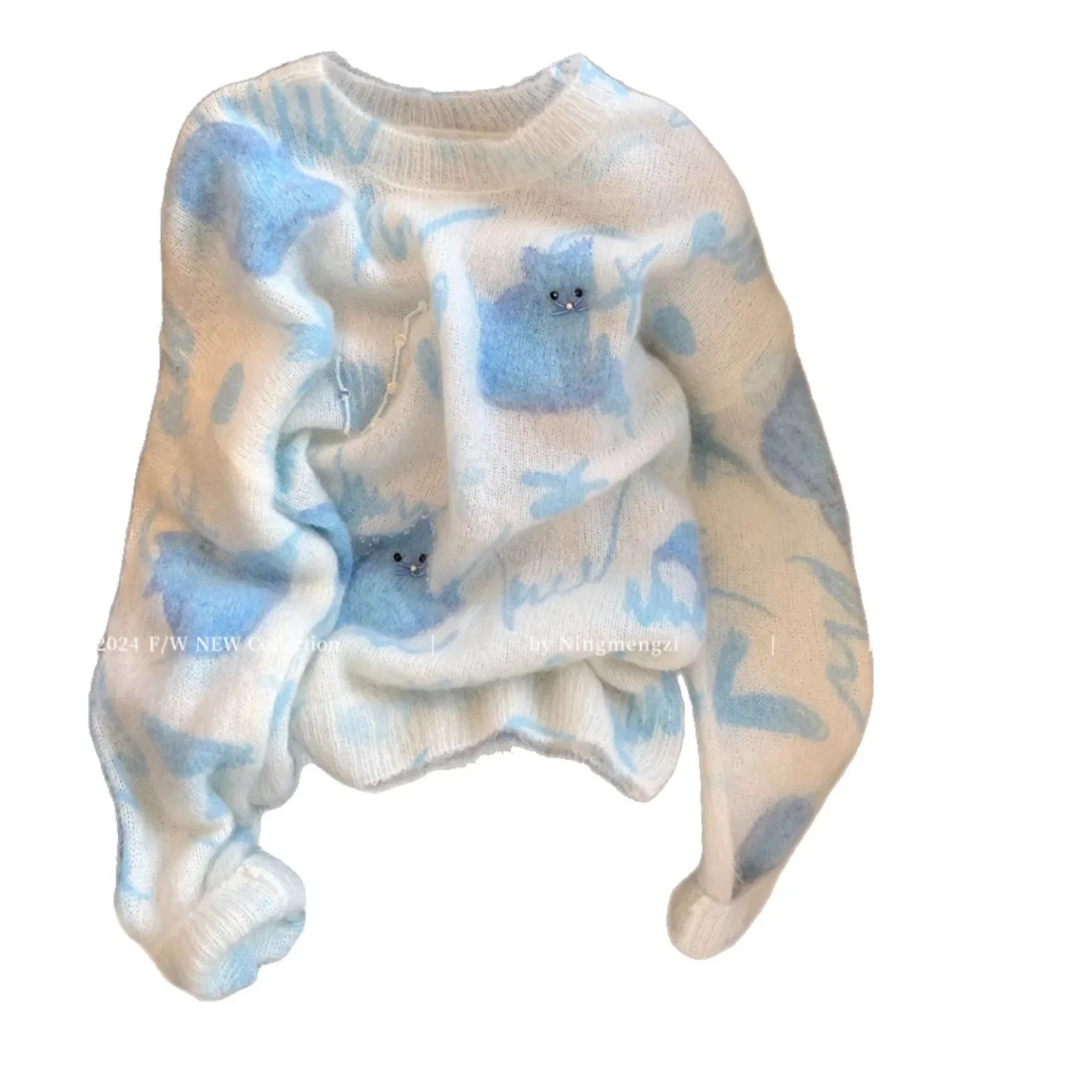 Soft Cozy Crew Neck Knitwear Womens Style Cat Print Bead Embellished Mouton Woollike Polyester Fiber Full Sleeve Top 251016