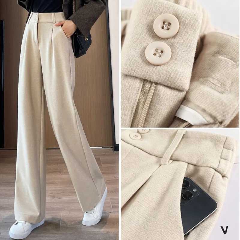 Autumn Winter Female Classic Daily Woolen Pants Girls Narrow Straight Leg Trousers Lady Solid Thicken High Waisted PantsT251022