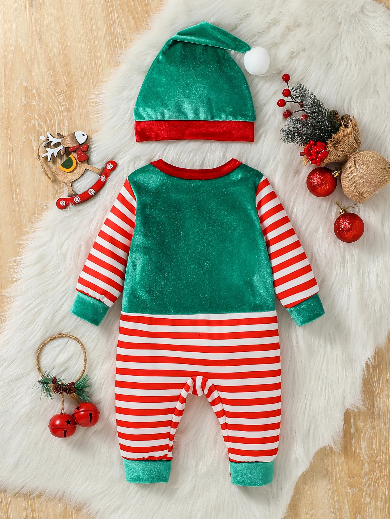 2Pcs Christmas Baby unisex Jumpsuit born Cute Striped Clothes Autumn Winter Boys Girls Round Neck Long Sleeve BodysuitHat 251022