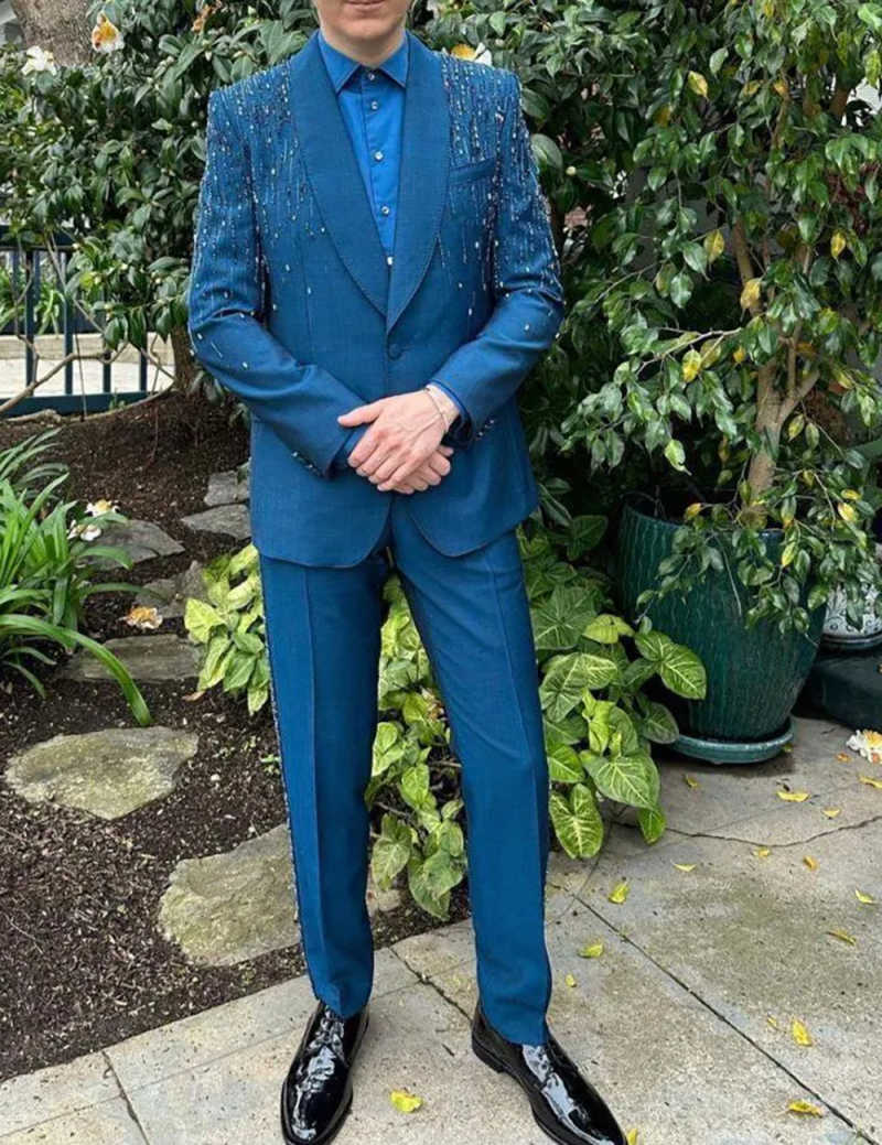 Exquisite Man Tuxedos 2 Pcs Jacket Pants Beading Men Suit Formal Shawl Lapel Single Breasted Wedding Groom Coat Customized