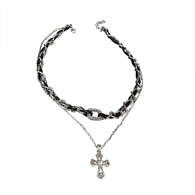 Simple Faux Leather Dia-Studded Cross Double-Layer Necklace Internet Celebrity Style Elegant Women's Jewelry - view 7