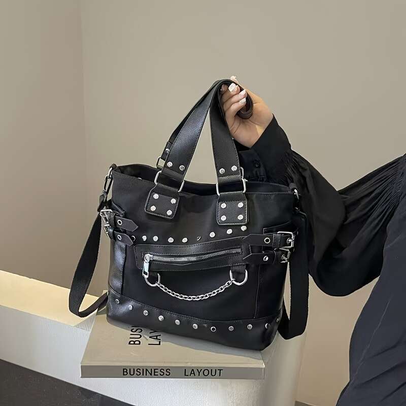 Punk Style Large-Capacity Handbag - Retro Solid Color With Rivet Embellishment, Adjustable Shoulder Strap, Nylon Material, Suitable Outdoor Daily Use,