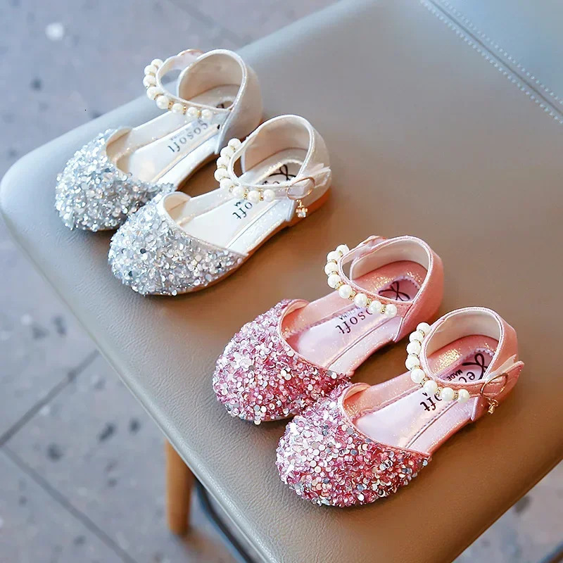 Girl Mary Janes Shoes Spring Autumn Sequins Beading Children School Student Sandals Toe 2136 Toddler Dance Kids Princess Flats 251021