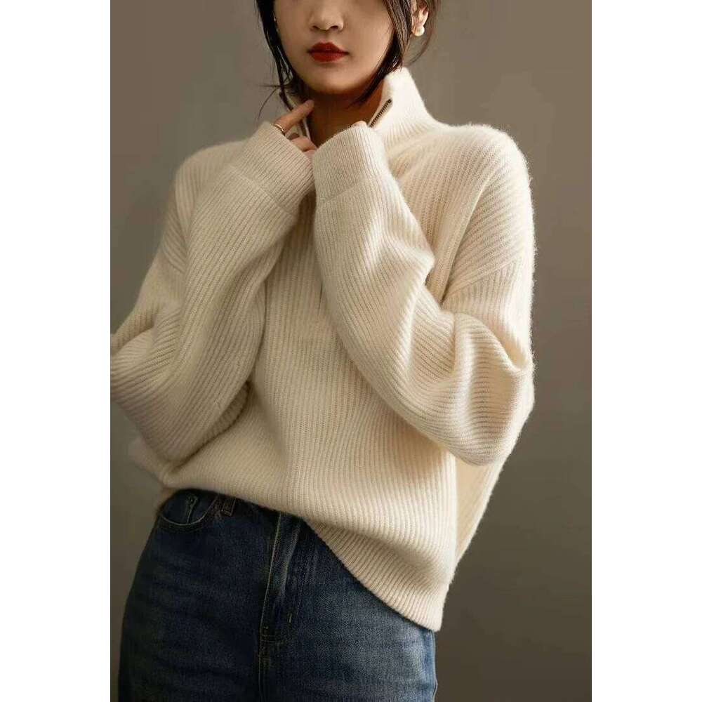Women's Italian Craft 100% Pure Cashmere Half Zipper Stand Collar Thickened Loose Lapel Pullover Knitted Sweater 251022