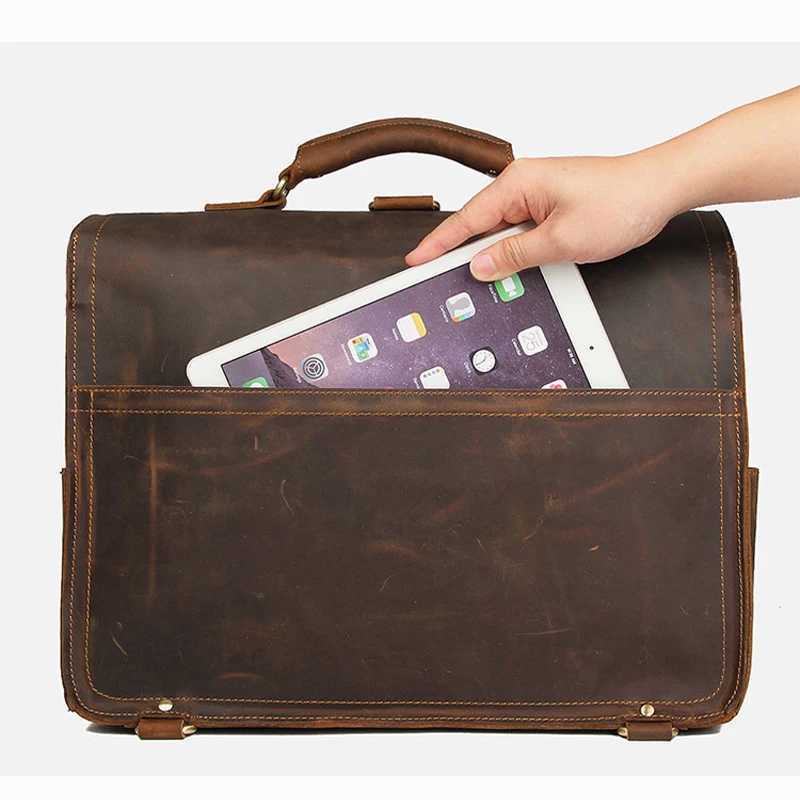 Vintage Crazy Horse Genuine Leather Men Briefcase Large Business Bag Tote Office Bag 156Laptop Case attache Male Shoulder Bag W251022