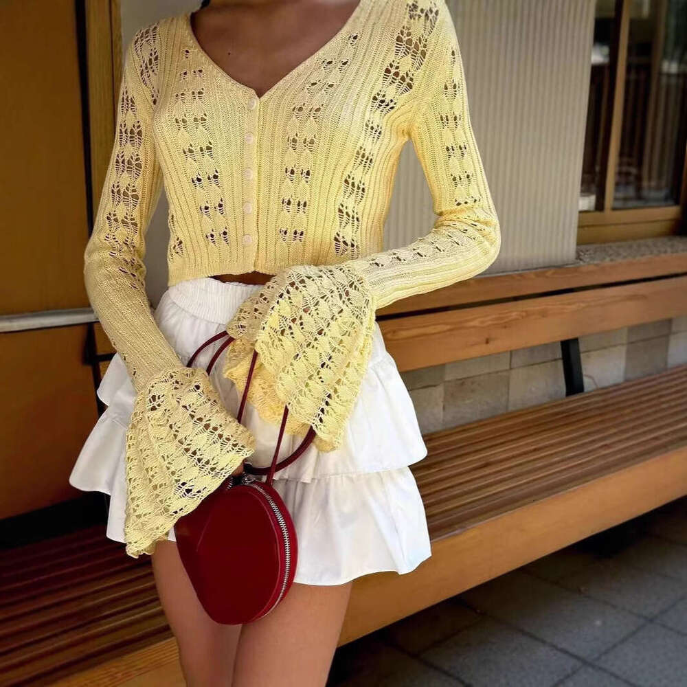 Russian New Designer Solid Color Cardigan - Women's Short Knitted Top with Sexy Sexy Hollow Out Bell Sleeves & Stylish Flair