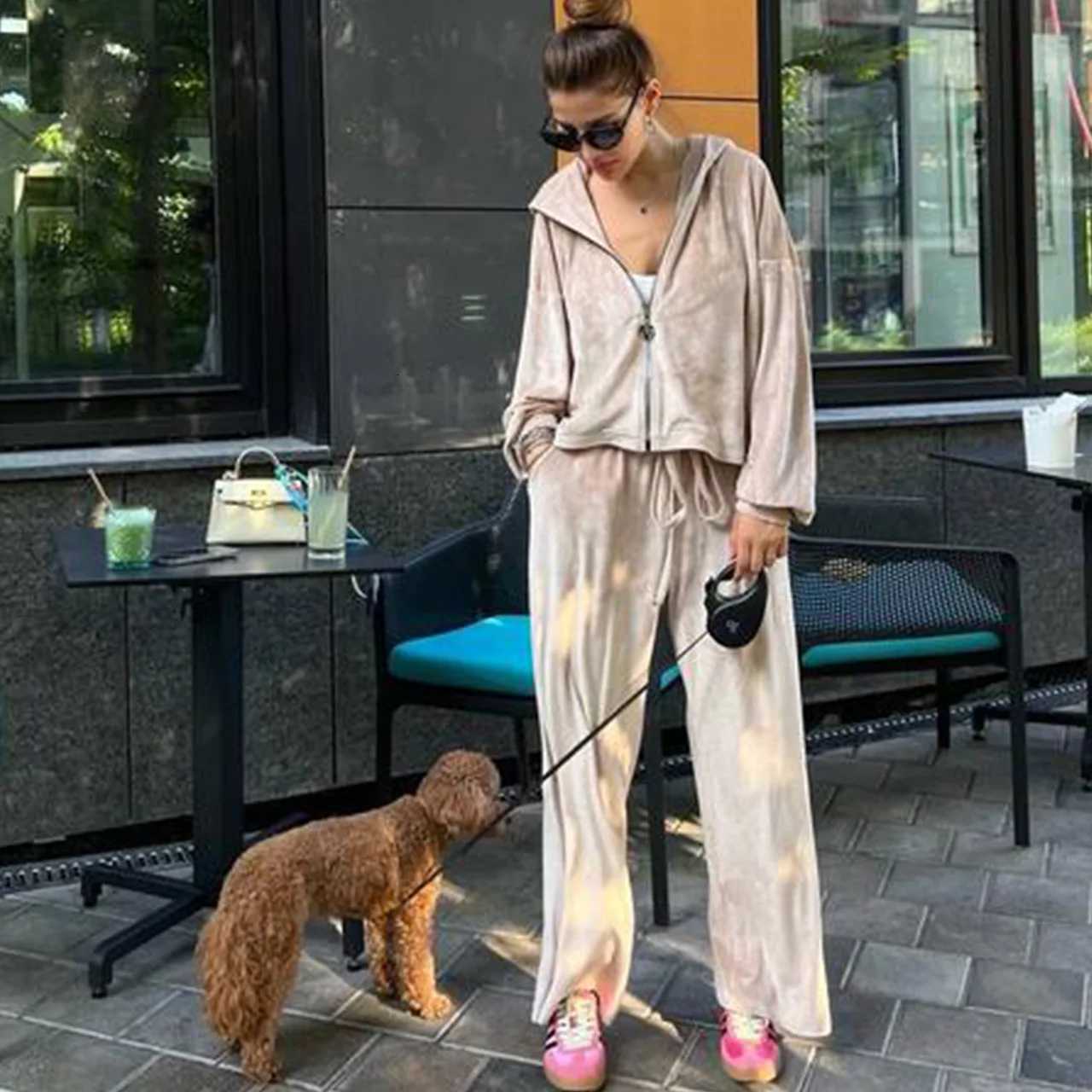 Women Autumn Hooded Coat Two Pieces Sets Solid Patchwork Wide Leg Pants Chic Outfit New Long Sleeve Casual Simple Ladies SuitsT251022