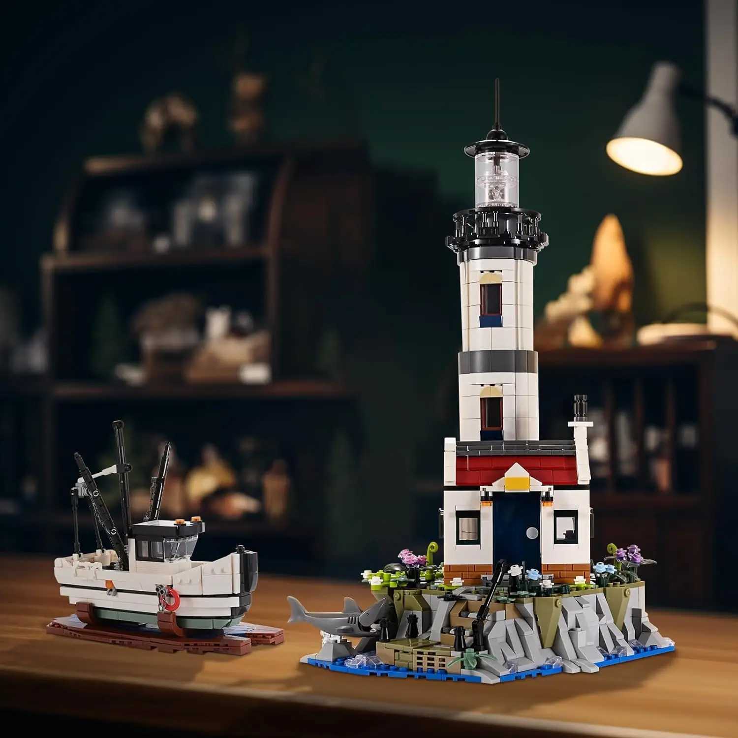 1677PCS Electric Lighthouse Building Blocks Fisherman Rescue Boats Lighthouse Model Bricks With Light Kids Toys Christmas Gifts J251022