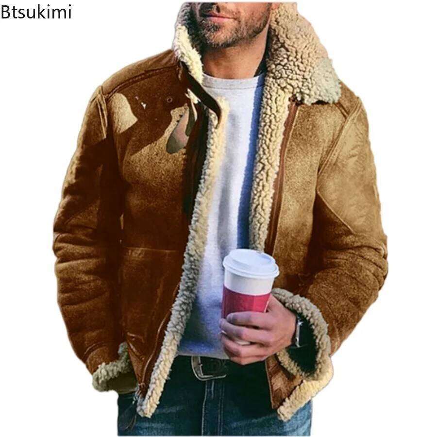Men's Winter Thick Jacket Faux Leather Warm Coats Fashion Turn Down Collar Contrasting Color Suede Fur One-Piece Jackets