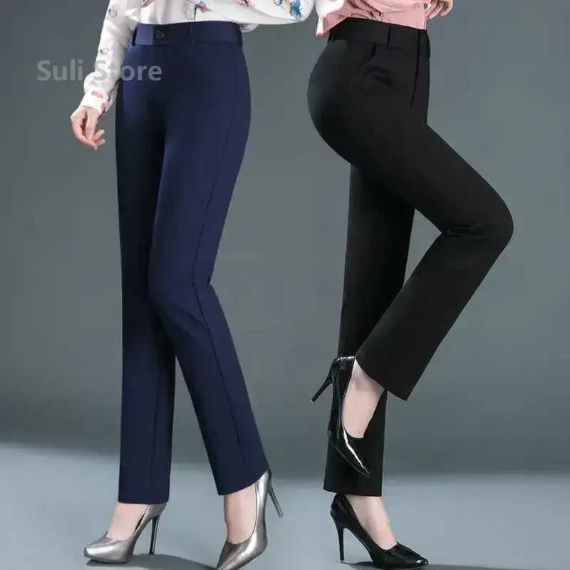 Spring Autumn Casual Button Elastic Mid Waist BlackNavy Blue Straight Trousers Office Lady Quick Drying Suit Pants FemaleT251022