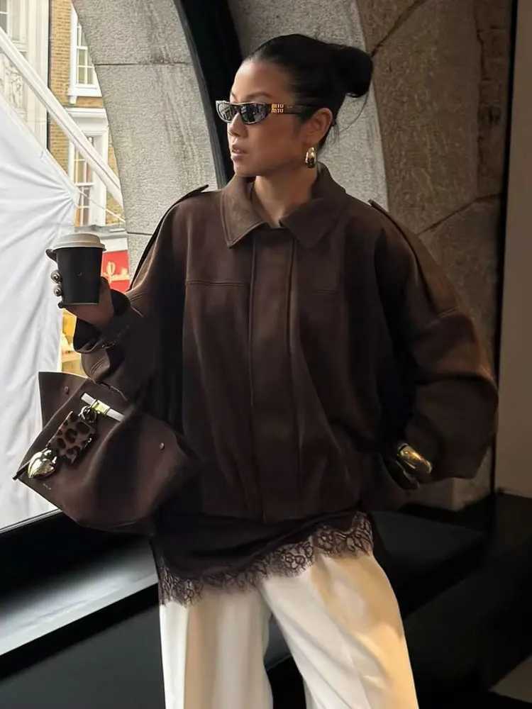 HH Womens Street Fashion Solid Loose Suede Texture Coats Causal Long Bat Sleeves Lapel Zipper Fly Winter Vintage Jackets1 Y251105