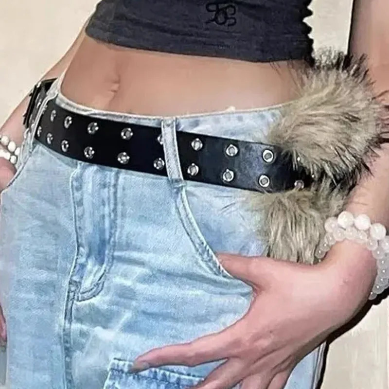 Retro Punk Y2K Fur Belts for Sexy Girls Subculture PU Leather Hollow Hole Fur Waist Band Fashion HipHop Belt Jeans Pants Decor 251013