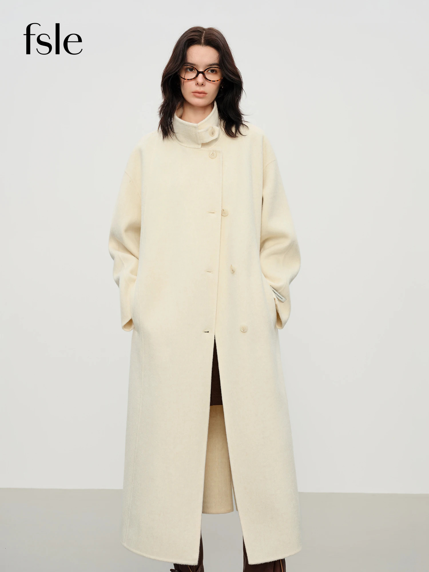 FSLE Womens Elegant Stand Collar 100 Wool DoubleFaced Long Coat DiamondShaped Tailoring Autumn Winter Outerwear 251021