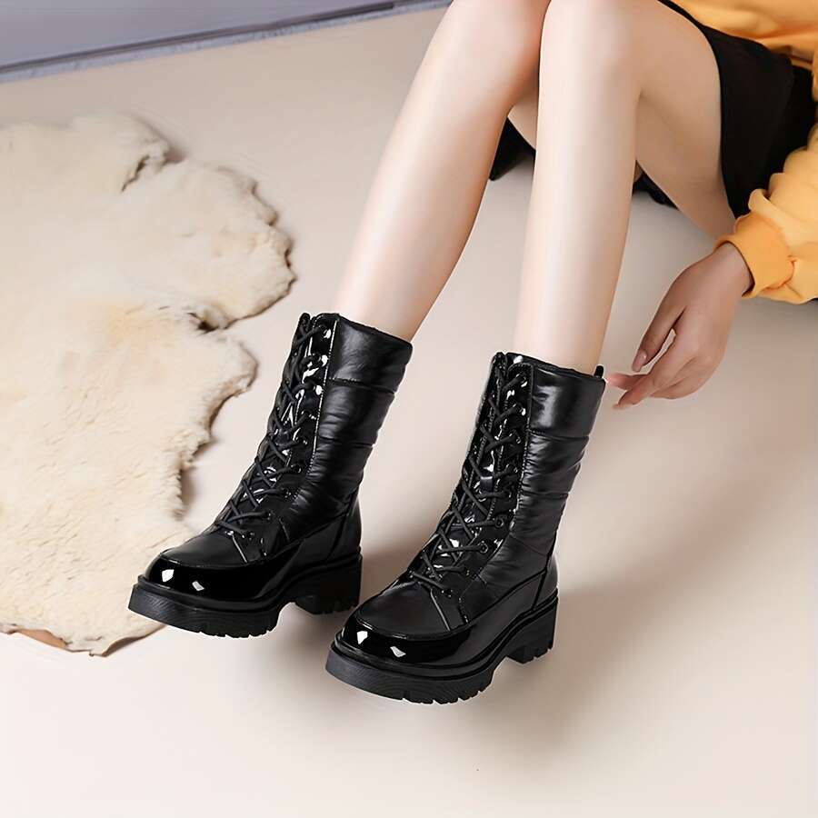 Women's Winter Snow - Non-Slip, Thickened Warm Outdoor Shoes With Lace-Up Design, Black, Perfect For Cold Weather Activities, Snowboarding Boots