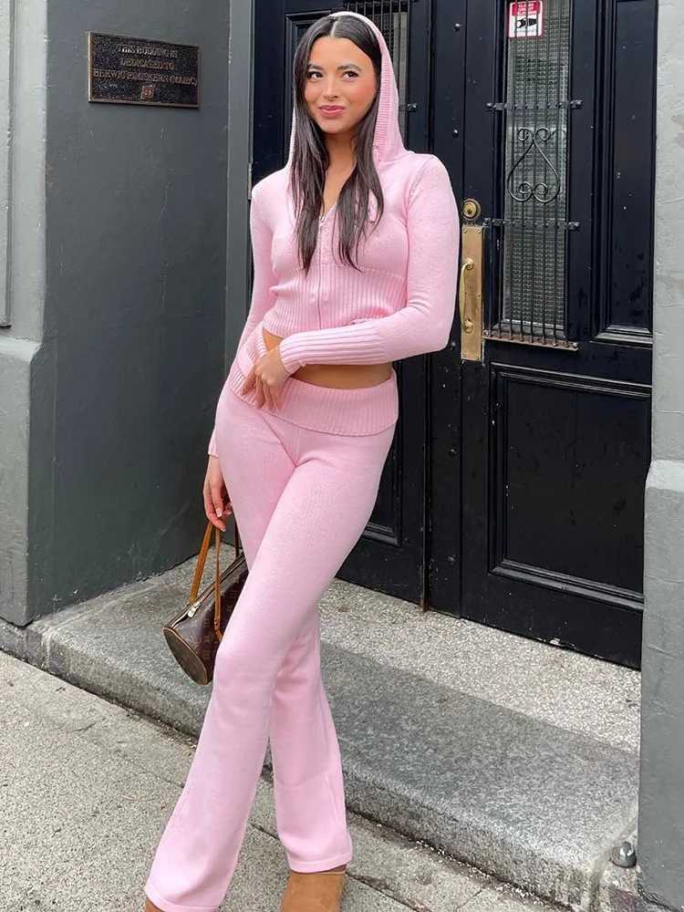 Apprabant Rib Knitted Two Piece Set Women Tracksuit Long Sleeve Zipper Hoodies Skinny Pants Sets Casual Solid Sweatshirt SuitsT251022