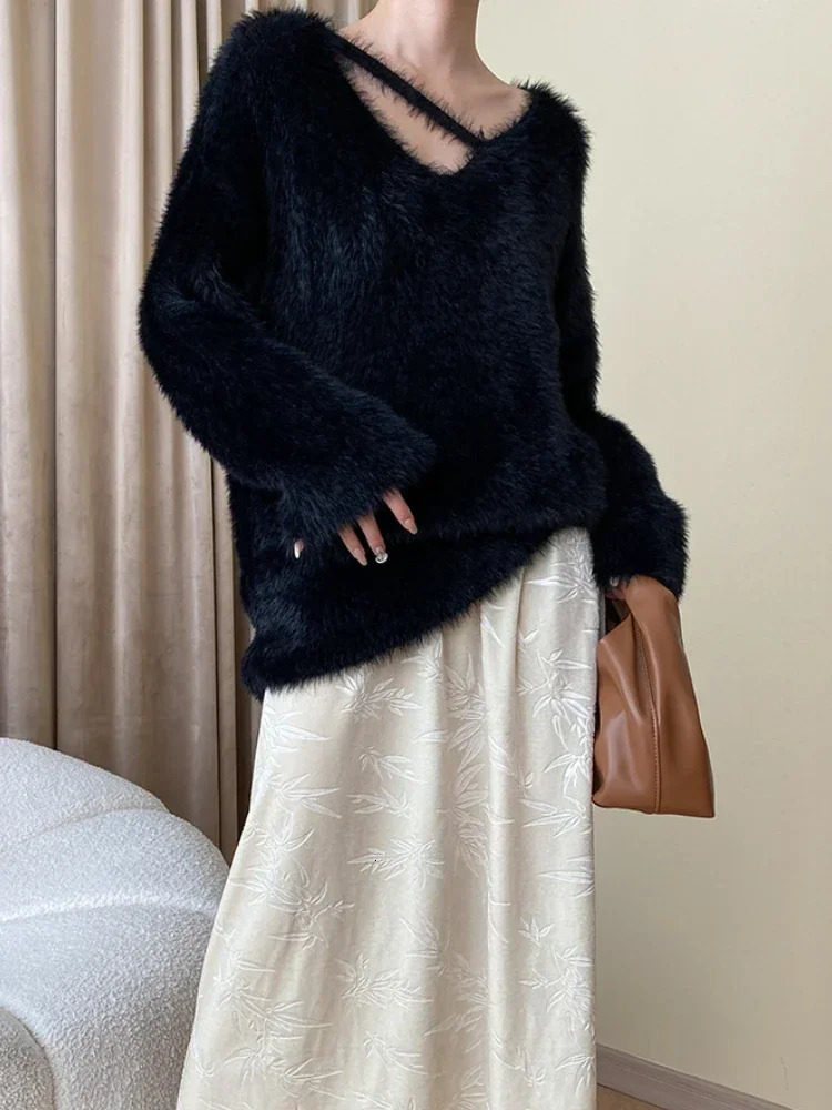 Womens Mink Velvet Vneck Pullover Loose Soft Long Sleeve Sweater French Fashion Simple Style for Autumn Winter 251016