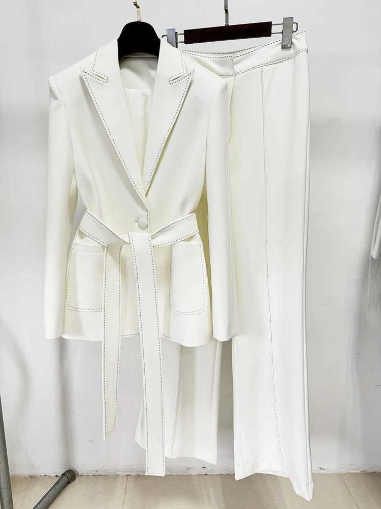 HIGH STREET Newest Fashion 2024 Designer Suit Set Womens Contrast Stitching Belted Blazer Pants Suit 2pcsT251022