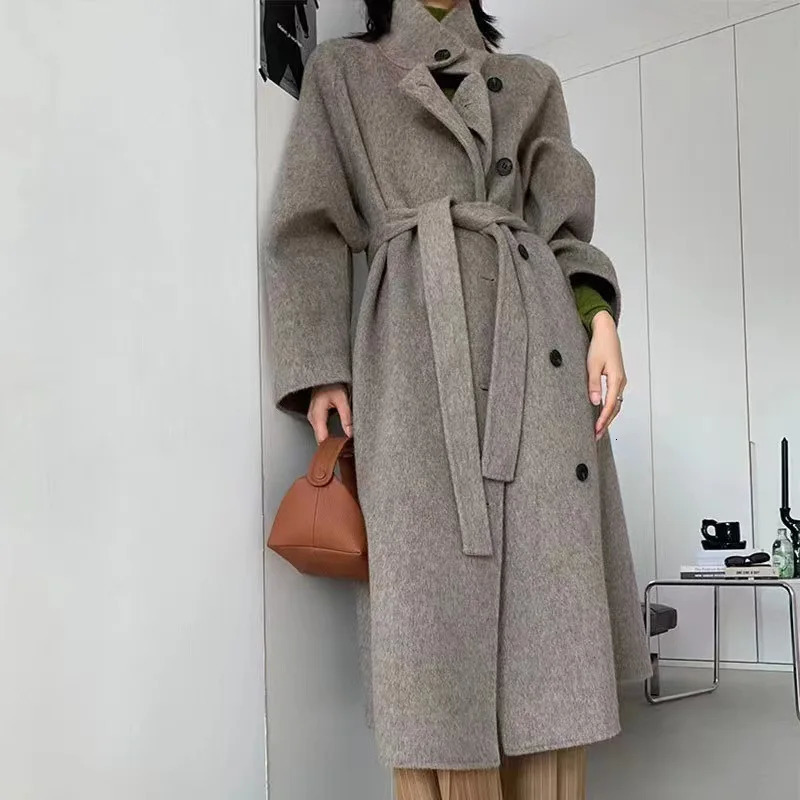 Women dark grey black stand collar 100 woolen double sided coat long length loose soft warm outerwear overcoat autumn winter 251020