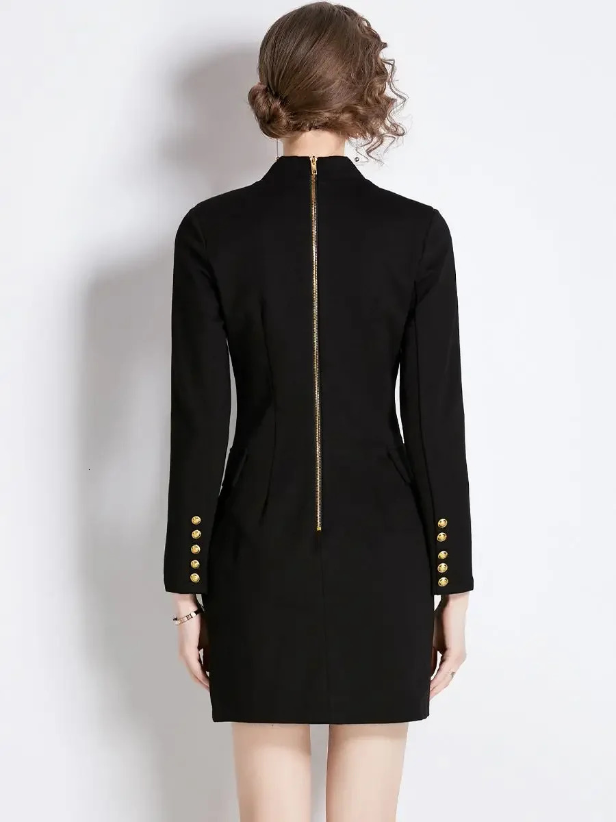 Autumn Winter Thick Roman Cotton Black Blazer Dress Womens Notched Suit Long Sleeve Golden Double Breasted Office Lady Vestidos 251020
